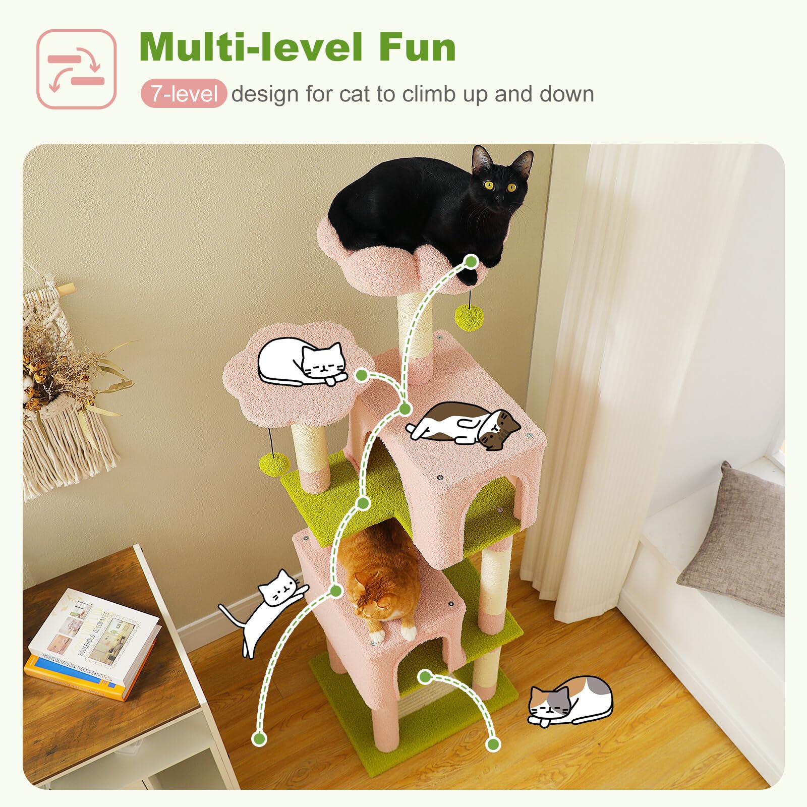 Uymi Flower Cat Tree For Indoor Cats, 62'' Multi-Level Cat Tower With 2 Spacious Condos, Scratching Pad, 4 Cat Scratching Posts,